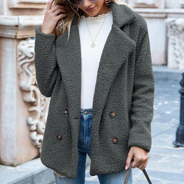 Elegante Cappotto Invernale da Donna in Ecopelliccia Caldo Peluche Orsacchiotto Monocolore Capospalla Femminile Tasca Casual Autunno Cashmere 22942
