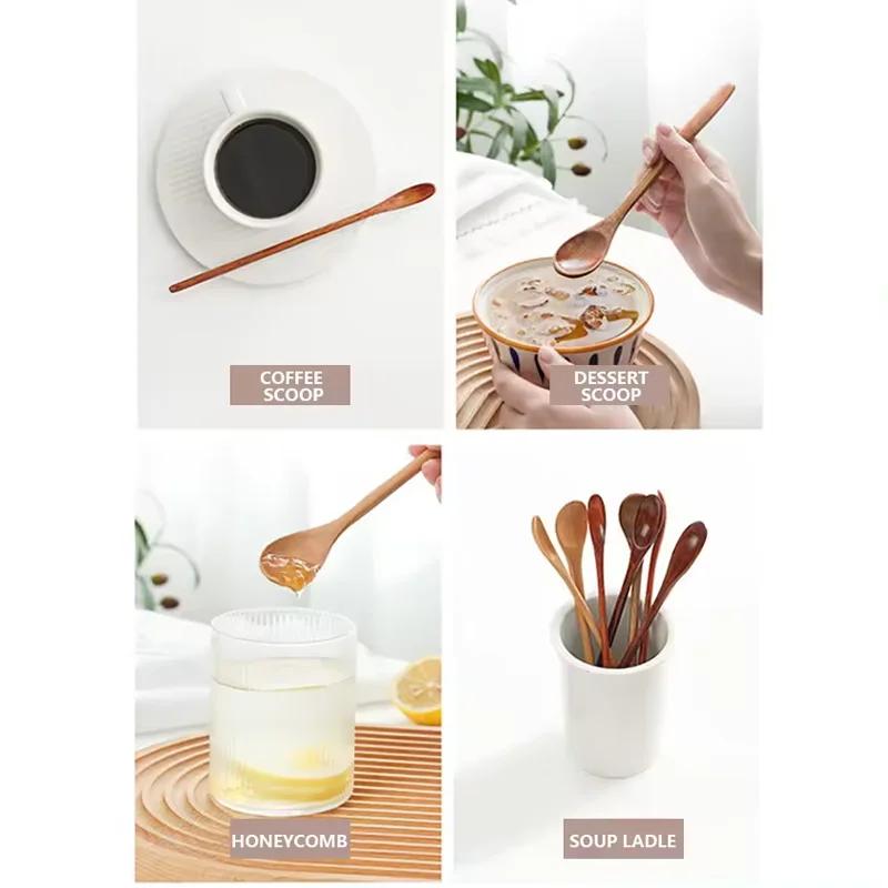 6Pcs Wooden Spoons Set, Kitchen Utensils for Soup, Dessert & Dinner Serving, Wood Cutlery