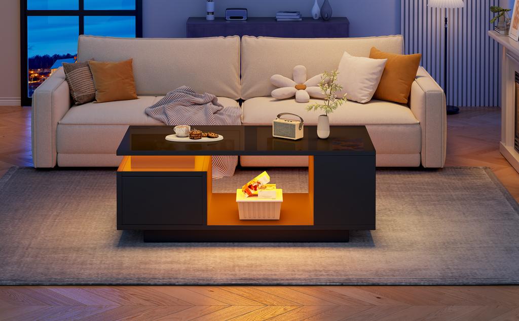 100*50*36cm Coffee Table with Drawer, LED Side Table, Living Room Table with Four Side Storage Compartments and a Cut-Out Design In the Middle. Black