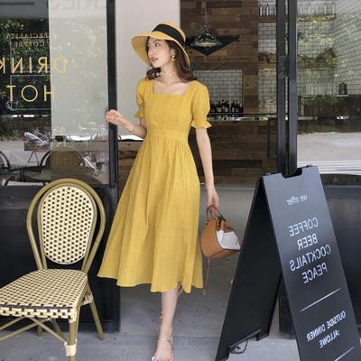 Kadın Elbise Yaz Yeni Düz Ton Bel Sarma Stili Kare Yaka Elbise