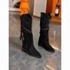 Stylish 2024 Fall Winter Black And Dark Brown Women's High Shaft Fringe Suede Knight Boots With Side Zipper Design