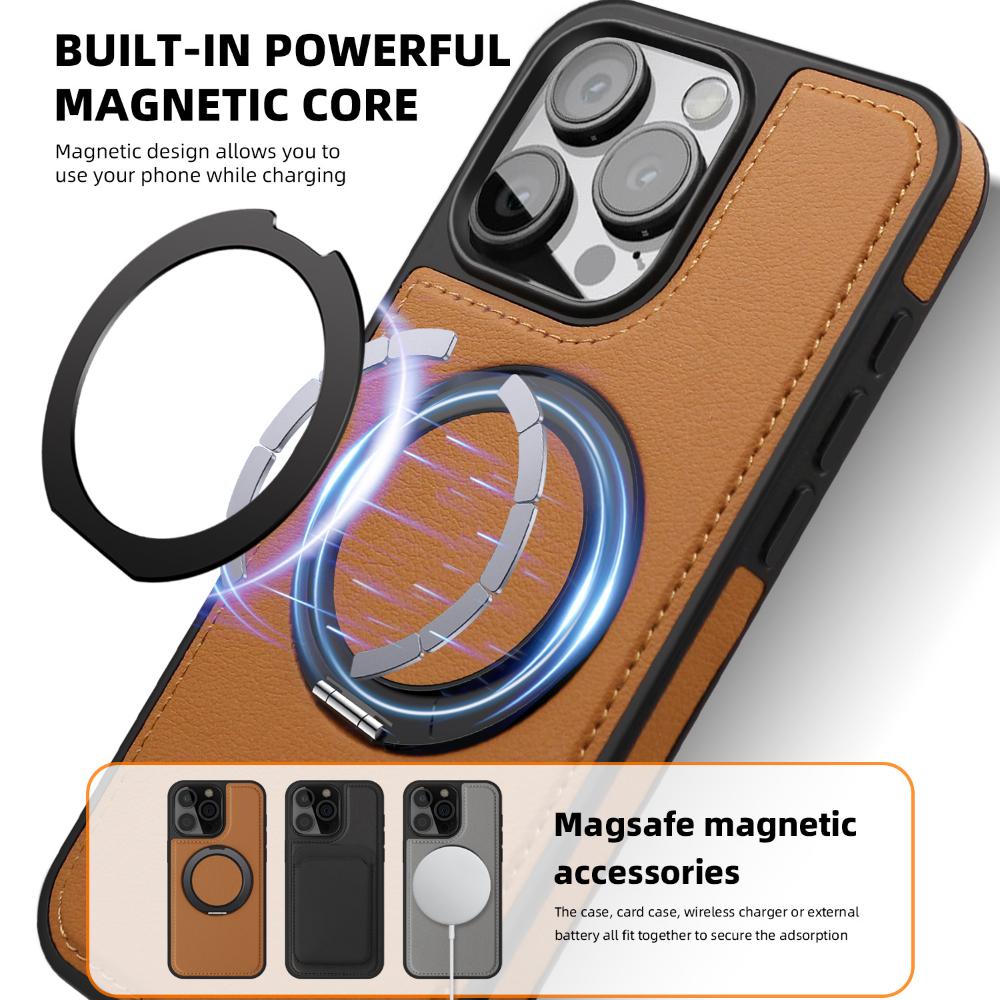 Leather 360 Ring Magnetic Holder Phone Case For iPhone 17Air 16 Plus 14 15 13 12 11 17Pro Max For Magsafe Wireless Charging Phone Cover