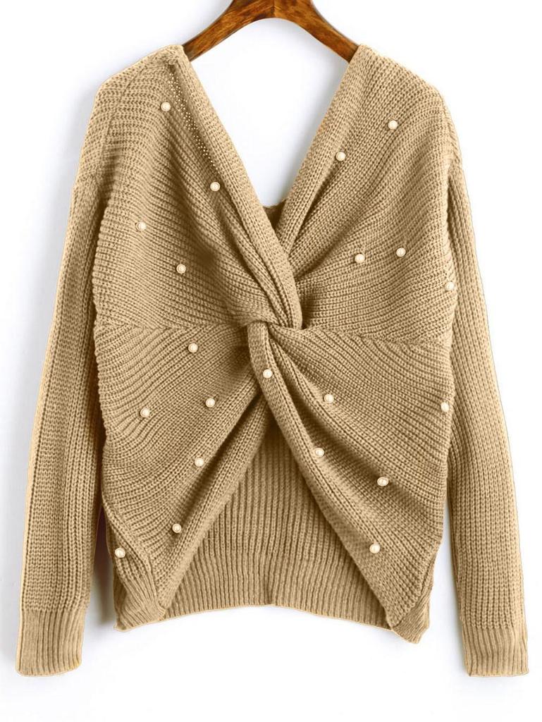 European Fashion Batwing Sleeve Knit Sweater with Cross Back Design for Women
