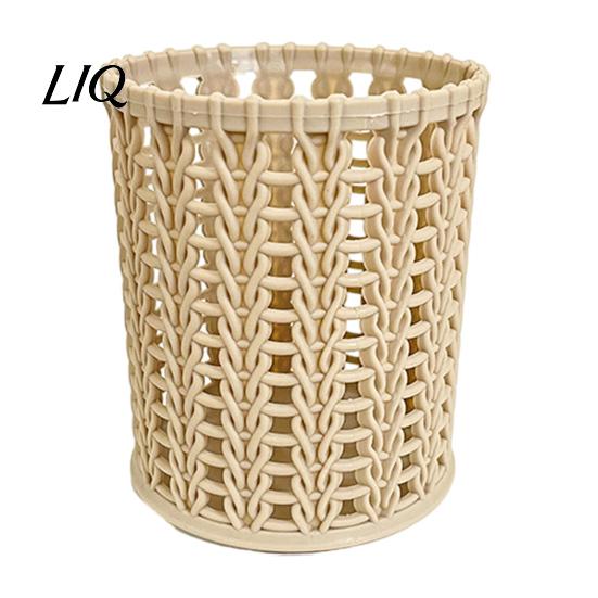 Pencil And Gadget Holder Imitation Rattan Pen Holder, Round Hollow Desk Organizer, Large Capacity Moisture-proof Cup for Pens Pencils Makeup Brushes,