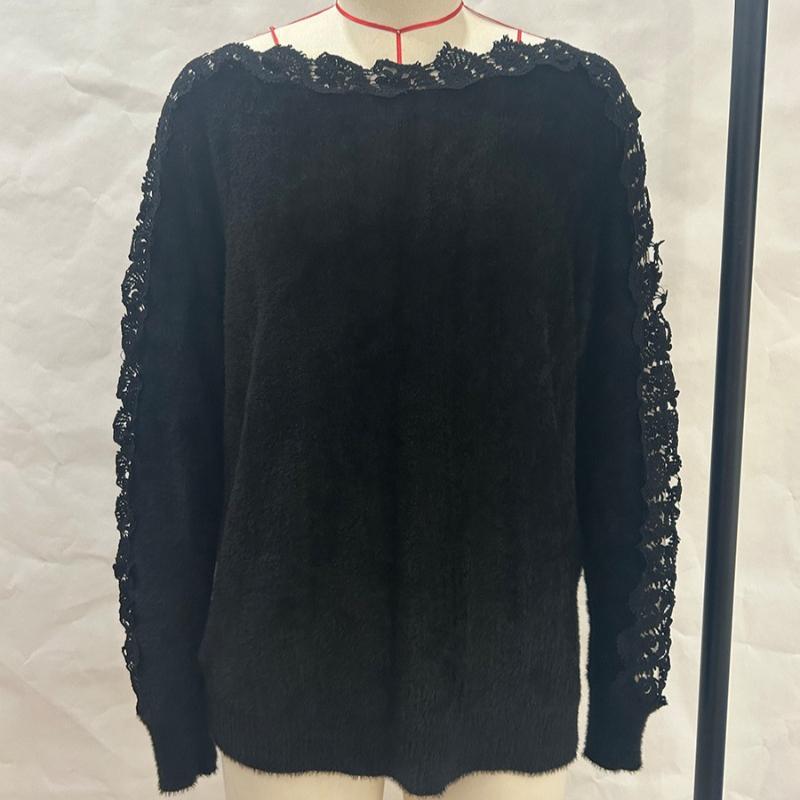 

Новые модные свитера с вырезом-лодочкой, вязаные свитера для женщин, кружевные лоскутные свитера с длинным рукавом, женские свитера, топы, элегантные винтажные однотонные мягкие теплые джемперы 26460 L чёрный