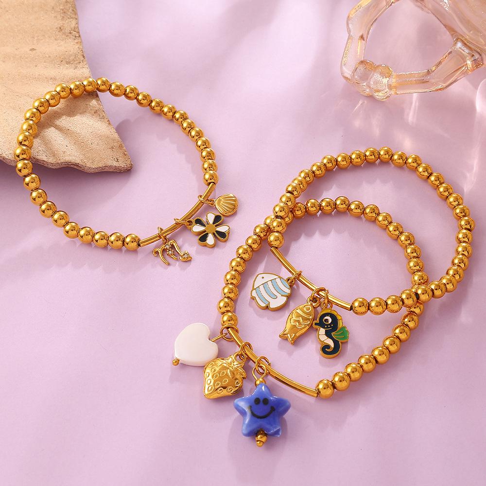 Vintage Vacation Style Smiley Face Rainbow DIY Multi-pendant Gold Beaded Bracelet Gold-plated Stackable Jewelry