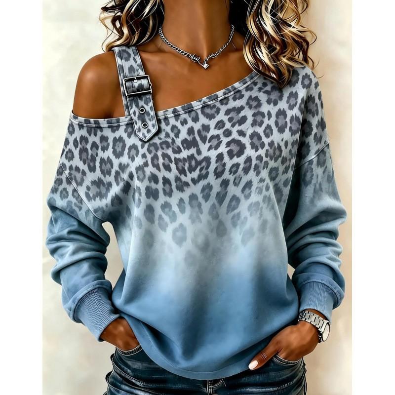 2026 Womens Round Neck Long Sleeve Loose Fit Casual Sweatshirt With Leopard Dot Print Digital