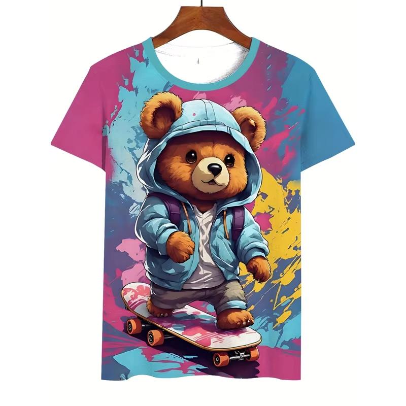 Men's 3D Animal Print Short Sleeve T-shirt Cute Bear Graphic T-shirt Kids Casual summer T-shirt Cool fashion