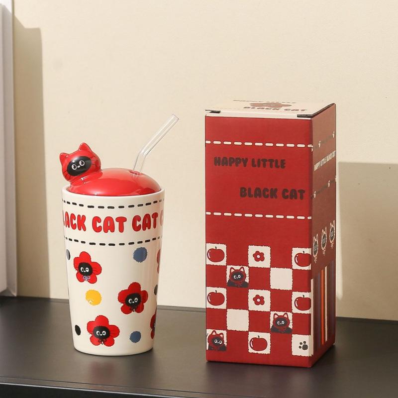

Cute Kitten Ceramic Mug with Lid - Aesthetic Straw Cup for Girls, Home & Travel Use, Souvenir 450ml