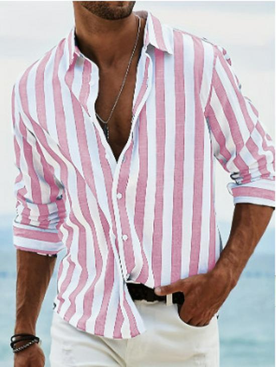 Men's Striped Turn-Down Collar Long Sleeve Shirt for Spring and Autumn 2026.