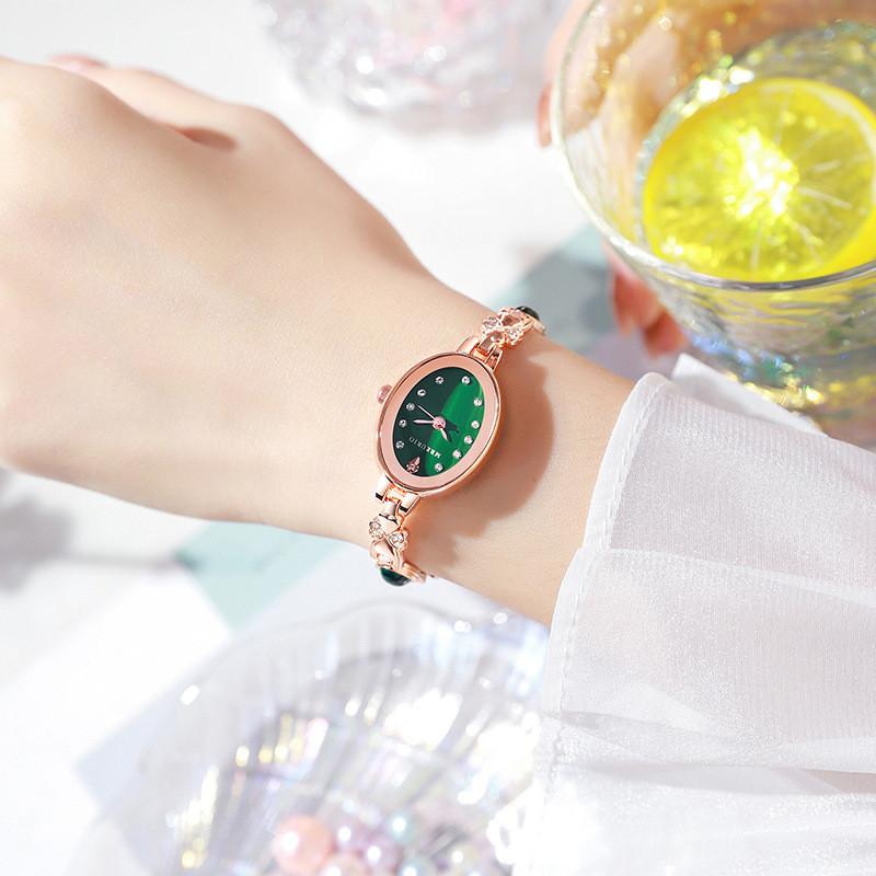 Elegant Ladies Watch With Green Gemstone Dial Quartz Movement For Casual Wear