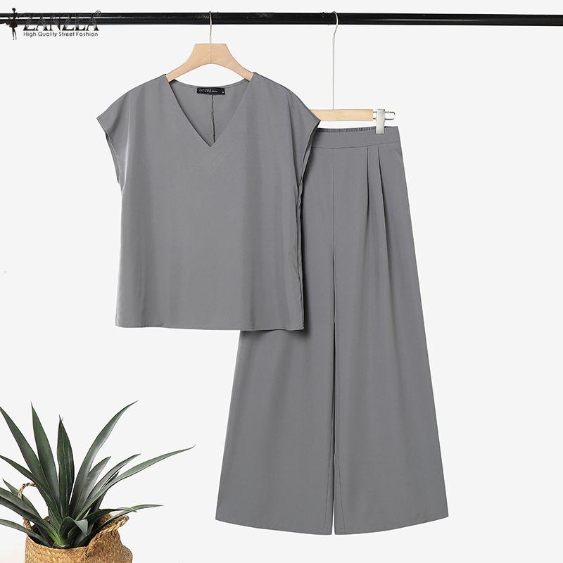 ZANZEA Women Short Sleeve Blouse and Long Pants Summer Two Piece Suit Sets
