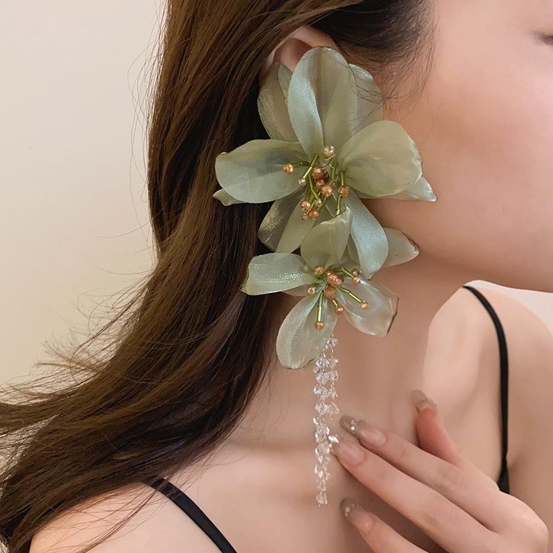 Silver Needle Crystal Tassel Flower Mesh Earrings - Elegant Niche Dangle for Women