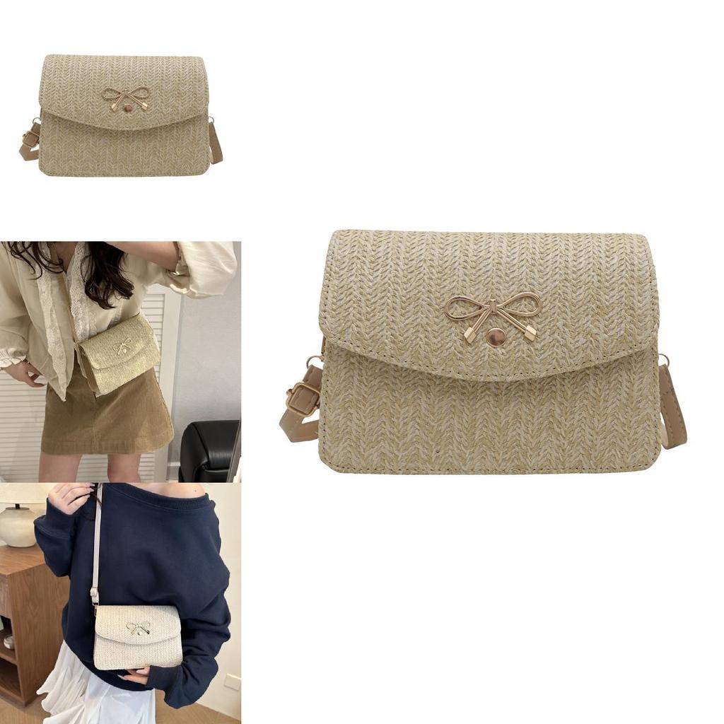 Simple Gold Bow Decoration Woven Texture Women Casual Shoulder Bag For Daily Use