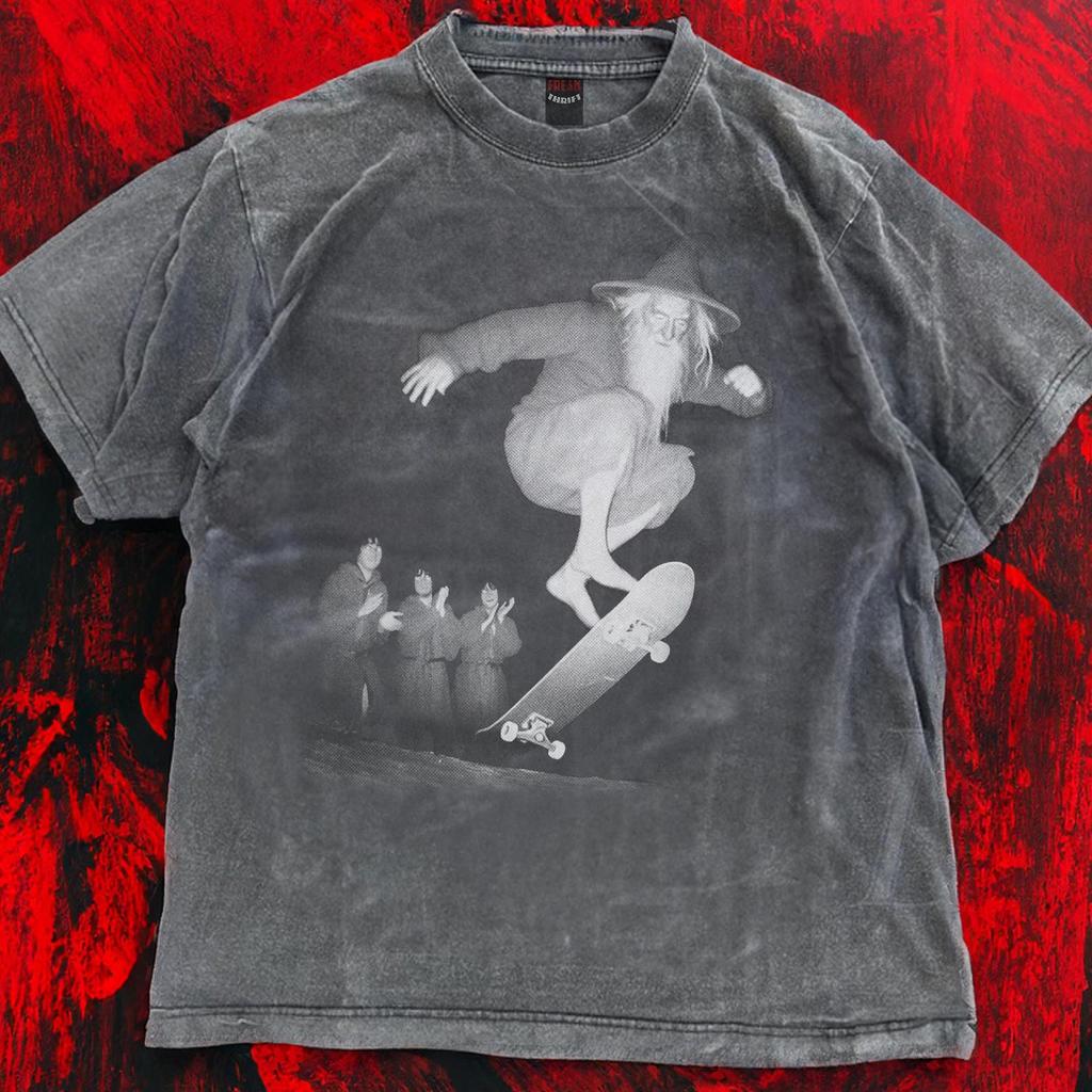Funny Shirt, Wizard Skating Tshirt, Vintage Fantasy Skateboarding T Shirt, Oversized Washed Tee, Trail Cam Meme, Unisex, Gift For Bestie