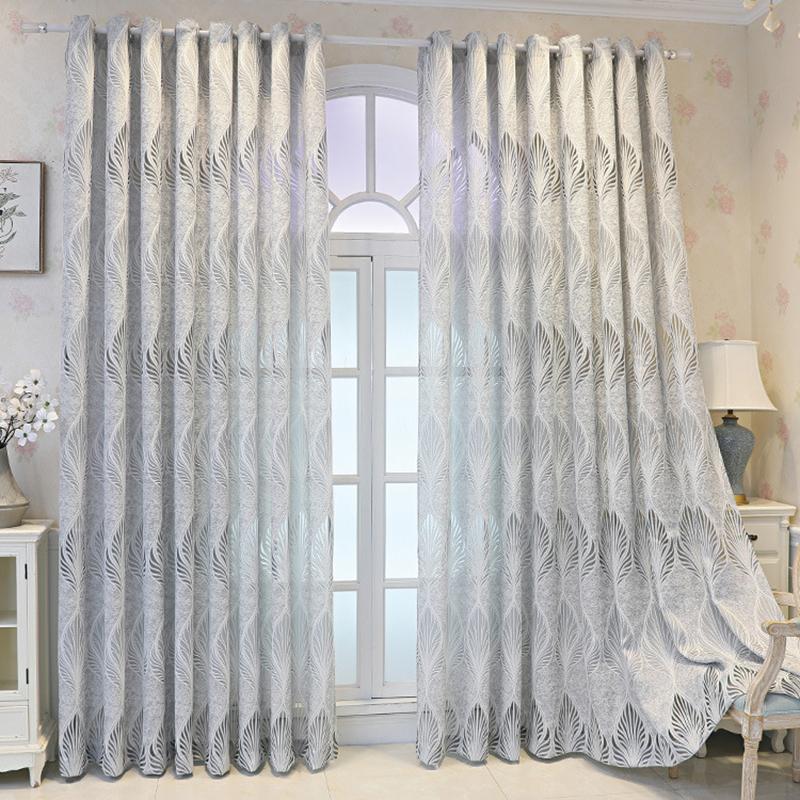 Modern Simple Leaf Perforated Curtains Bedroom Semi-blind Gauze Opaque with Perforated Grey Curtains