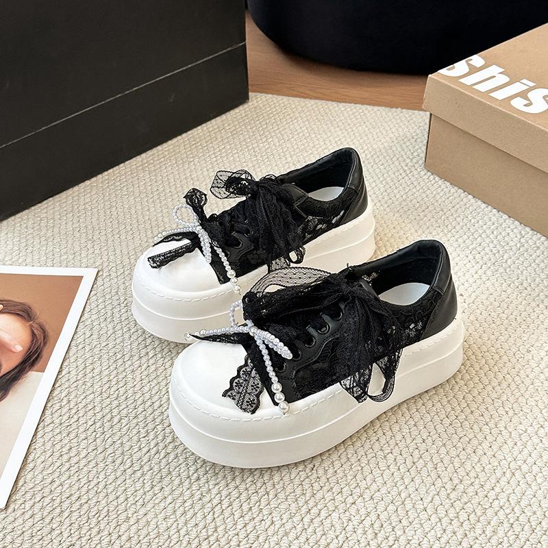 Thick-soled Heightening Little White Shoes Women's Spring New Shoes Pearl Lace-up Bow Casual Shoes Lace Mesh Tide