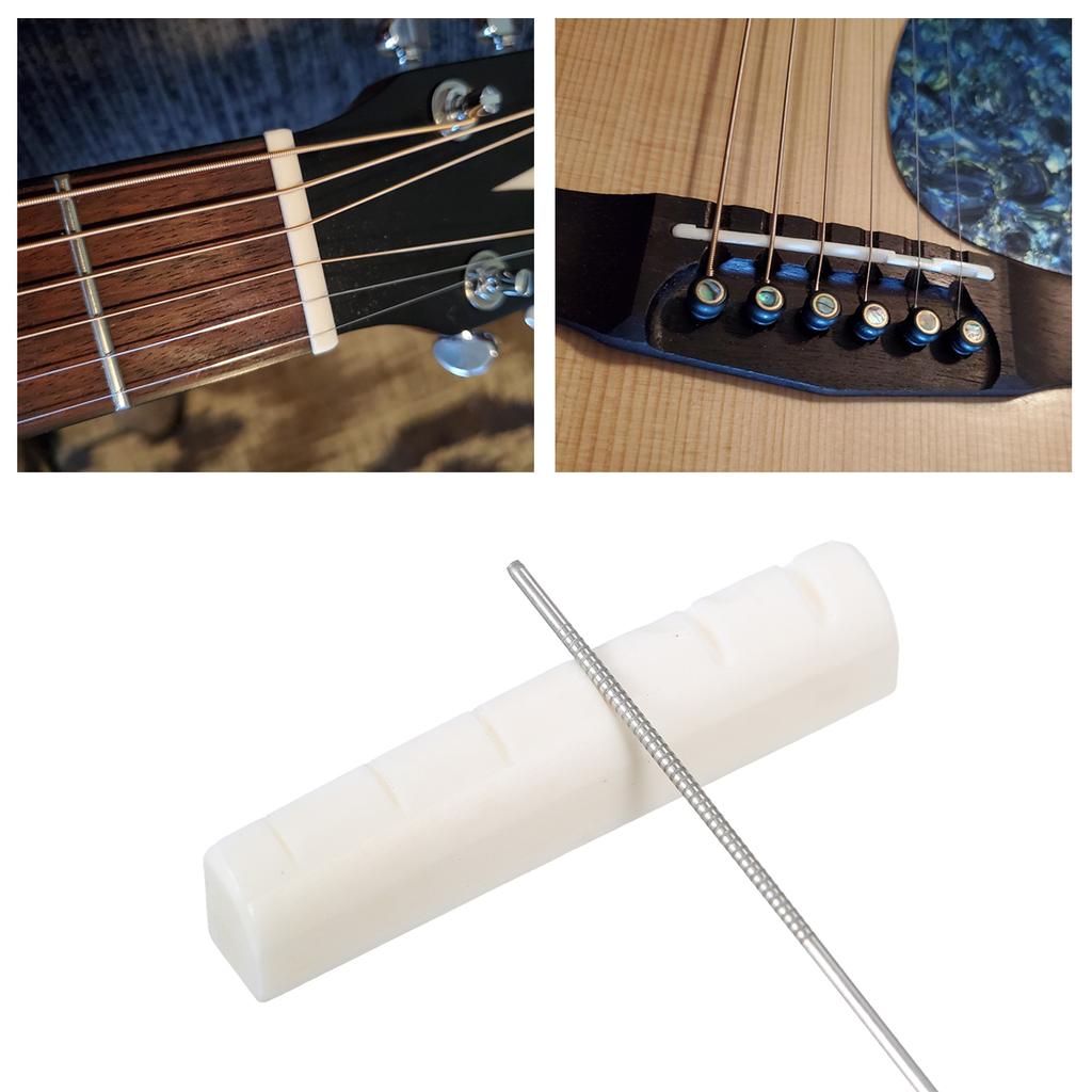 6 String Acoustic Guitar Nut and Saddle Pre-Slotted Bone Nut with Nut Files Set 320/240 Grits
