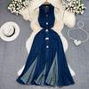 Women's Retro Lapel Hollowed Out Sleeveless Single-breasted A Word Open Cowboy Dress Casual Long Dress