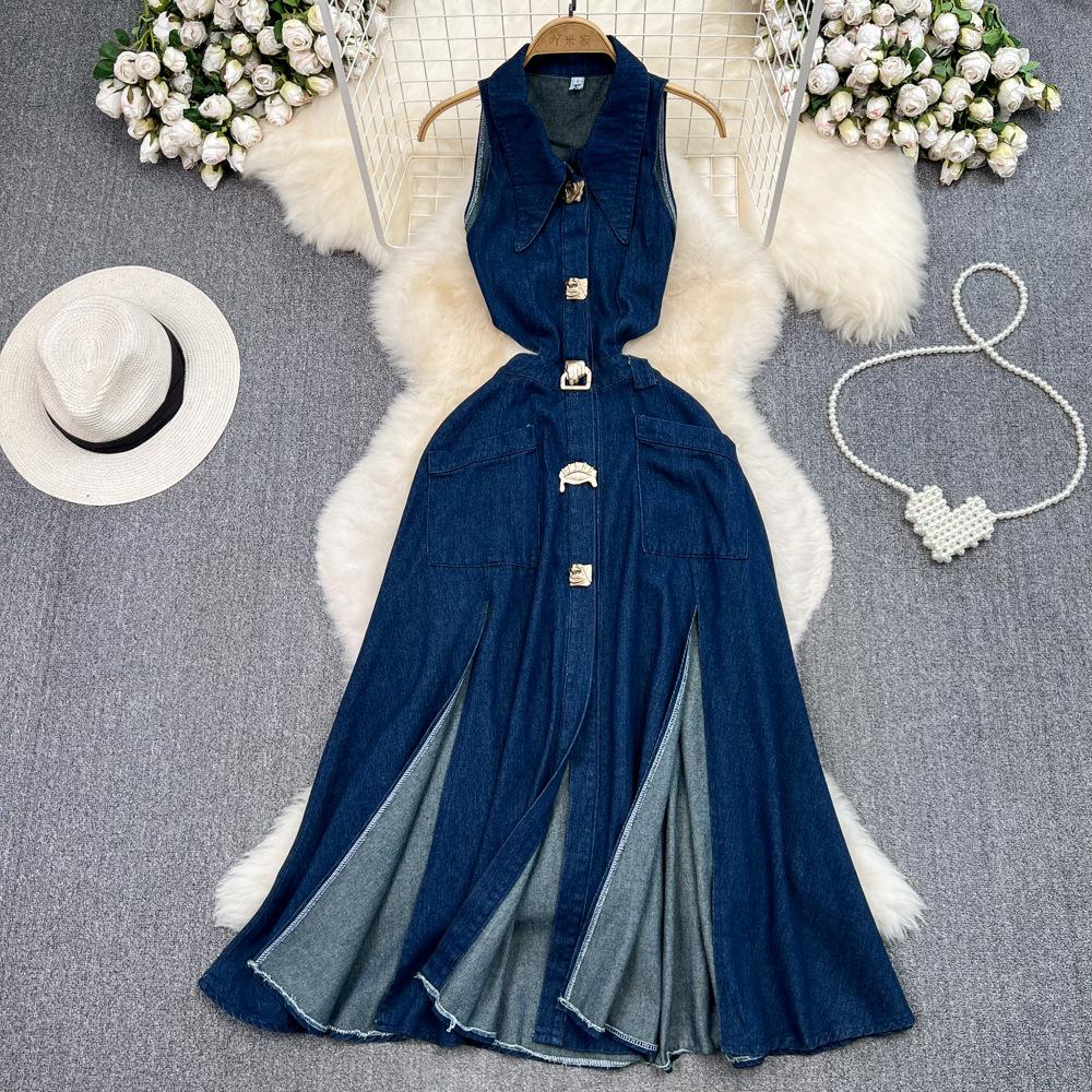 Women's Retro Lapel Hollowed Out Sleeveless Single-breasted A Word Open Cowboy Dress Casual Long Dress