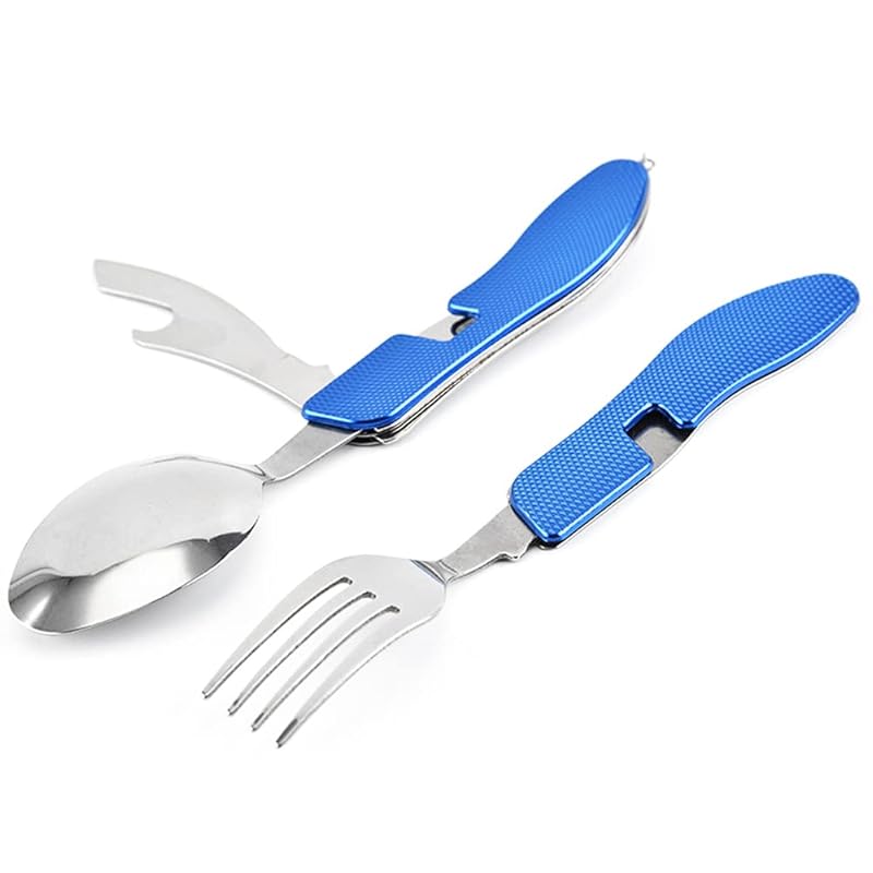 

foldable wild cutlery cell phone spoon fork stainless outdoor type (blue)