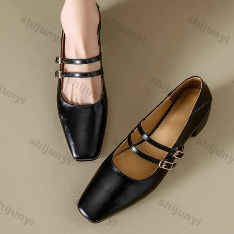 Women's Mary Jane Shoes 2025 Spring Autumn New Buckle Strap Luxury Leather Shoes Comfortable Square Toe Party Sexy Pumps