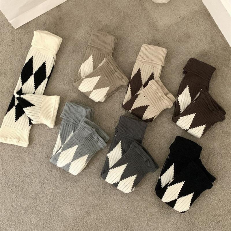 Argyle Pattern Wool Knitted Turn Cuffs Leg Warmers for Women and Students Cold Weather Foot Covers Footless Calf Socks