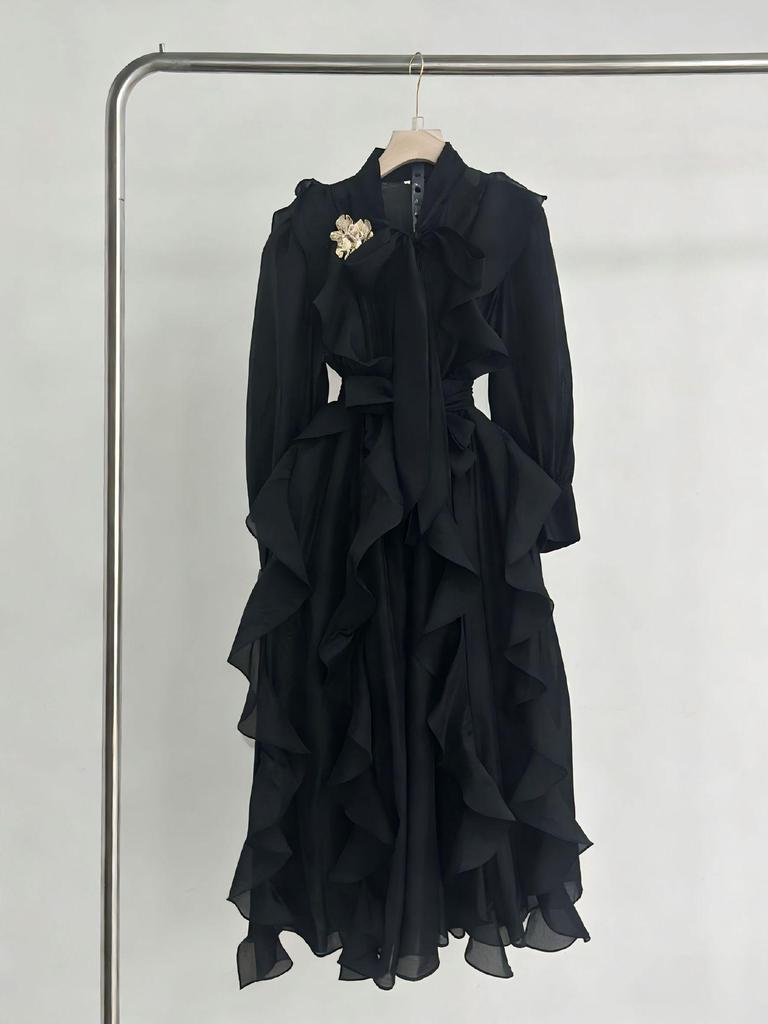 Pleated Designer Cake Skirt Dress with Ruffle and Belted Waist