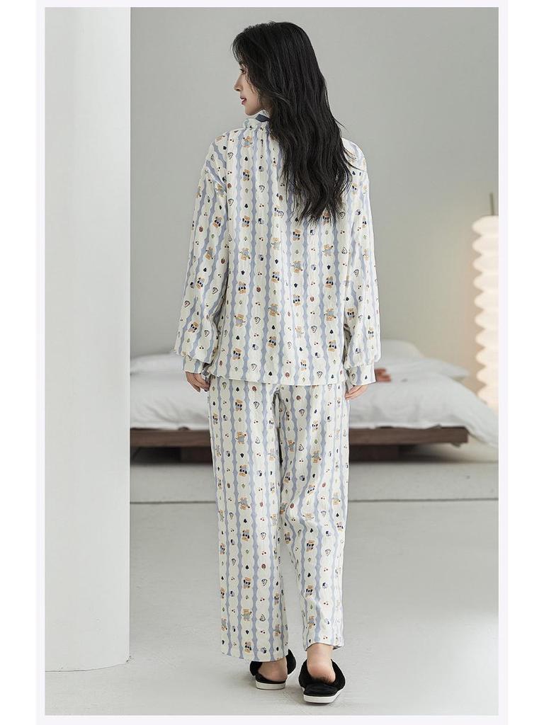 Damski kreskówkowy zestaw piżamowy z wkładkami na biust - Wiosenno-jesienna bawełna o fakturze chmury, Kardigan z długim rękawem, Cienki szlafrok, Odzież domowa i do noszenia na zewnątrz