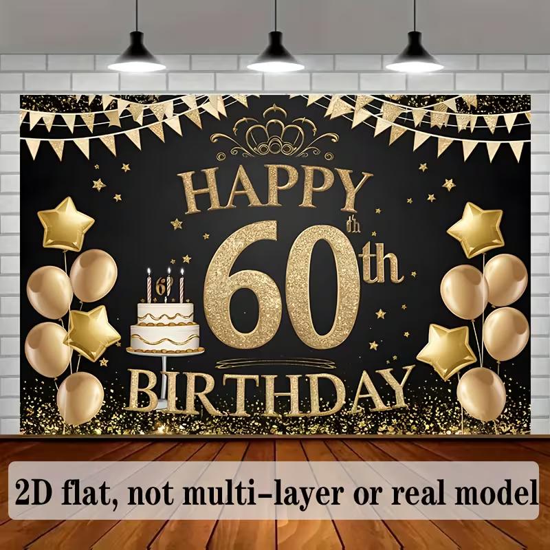 

2D 60th Birthday Backdrop Black Gold Glitter - Party Decoration Photo Booth Background 47.2x31.5inch/120*80cm