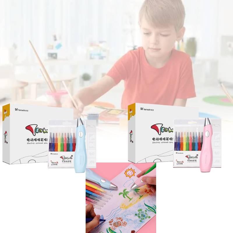 Paint Electric Spray Pen Airbrush Set Children 12 Felt Pens 19 Stencils Drawing