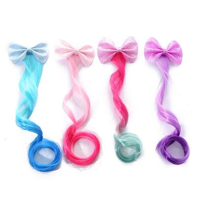 Perruque Queue de Cheval Princesse Nœud Brillant Pailletée Couleur Bonbon Dégradée pour Fille Perruque Douce Épingle à Cheveux Tressée Mignonne Accessoire de Coiffure pour Enfants