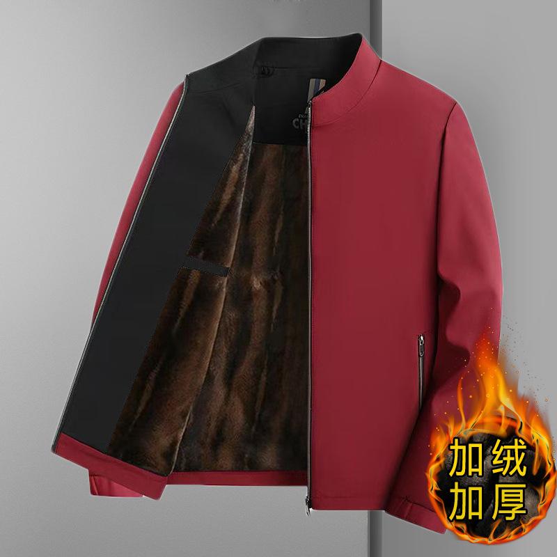 Autumn and winter new middle-aged and old men's jacket stand-up collar fleece thickened jacket-0-year-old dad loose top