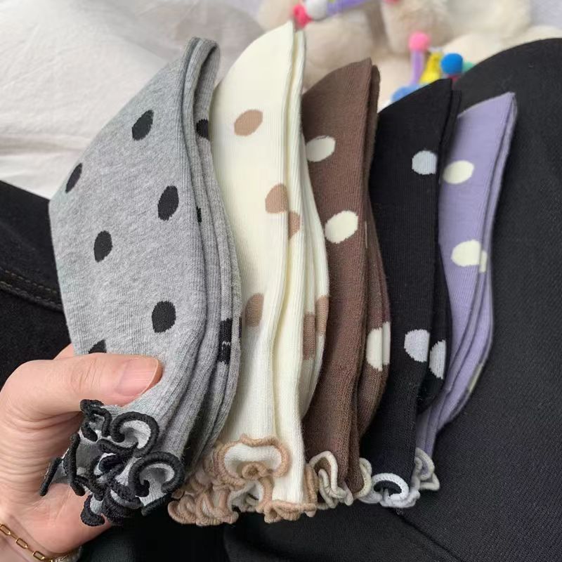 Fashion Versatile Dot Mid-Tube Socks, Simple Retro Fungus Edge Polka Dot College Style Stacking Socks