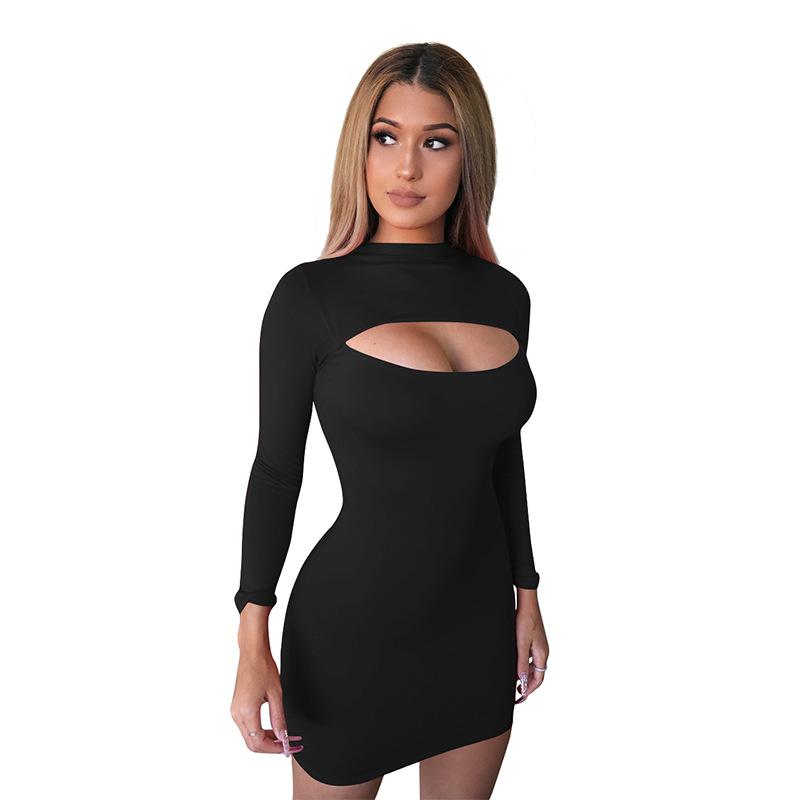 Spring Summer Fashion Full Sleeve Solid Dress Women Hollow Out Slim Hip Dress Ladies Zippers Sexy Dress