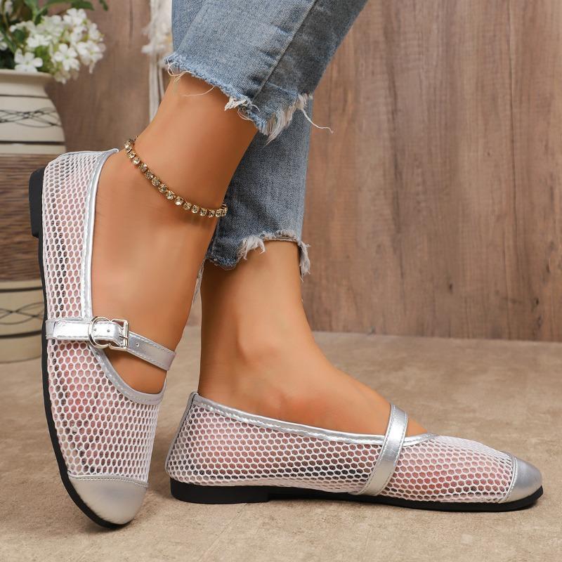 Chaussures plates pour femmes à la mode en maille épissée respirante à une sangle, semelle souple antidérapante résistante à l'usure, chaussures à bout rond