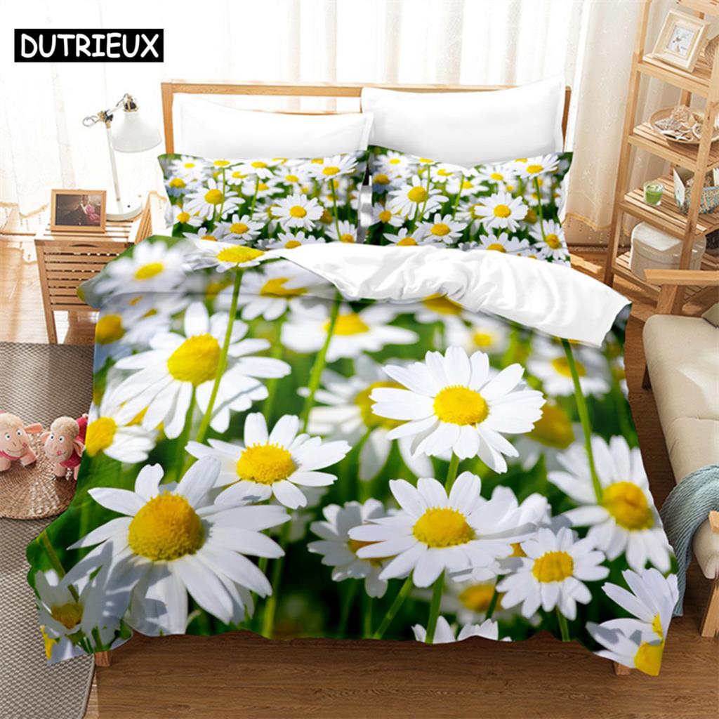 White Daisy Queen Bedding Set Duvet Cover Kids Bedroom Bed Set Comforter Cover Set King Size Duvet Cover Set Bedding Sets