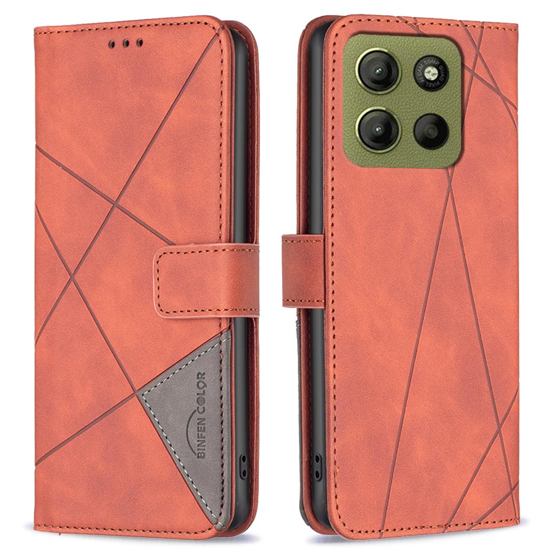 

BINFEN COLOR For Motorola Moto G15 4G Phone Cases Wallet Stand Geometry Imprinted Leather Cover Brown