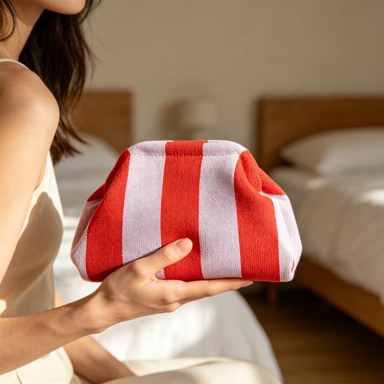 Lightweight Vacation Bag Women Woven Striped Clutch Purse, Large Capacity Kiss Lock Travel Makeup Organizer Cosmetic Pouch, Summer Beach Evening