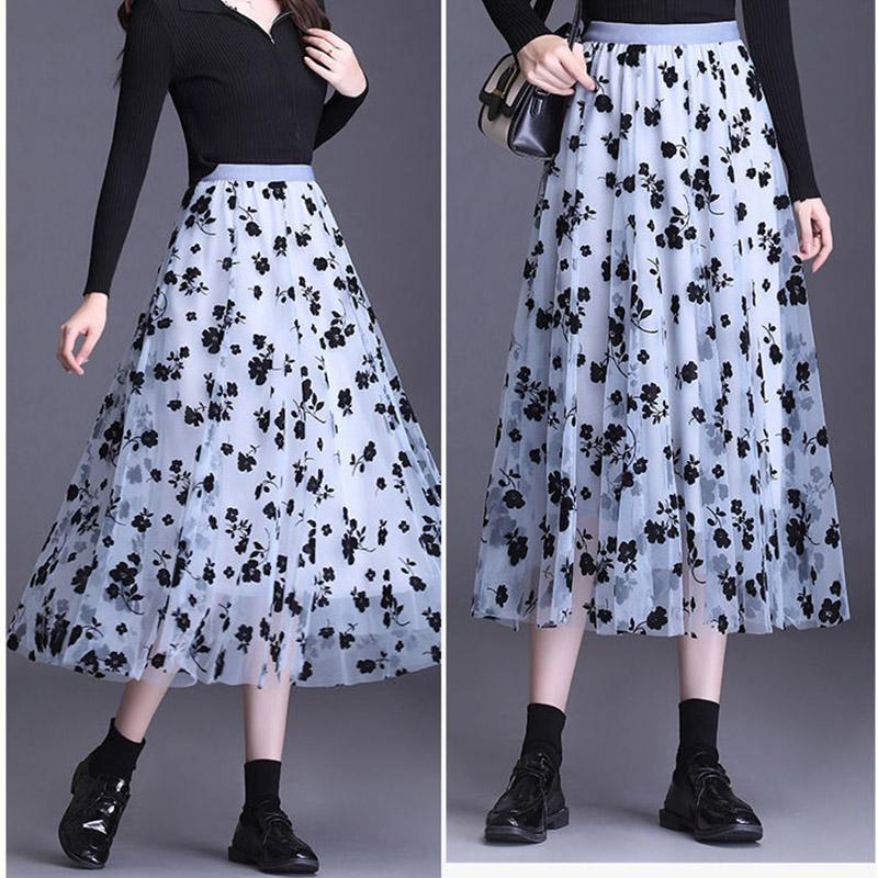 Mesh Floral Skirt Women's Spring/Summer High Waist Mid-Length A-Line Pleated Skirt
