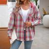 Women's Hooded Plaid Button Down Shirt Jacket Casual Long Sleeve Cotton Blend Top