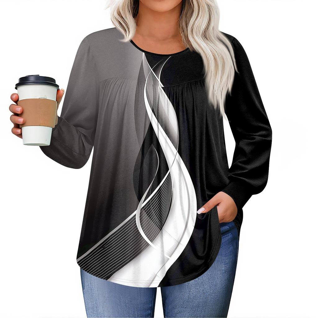 Womens Plus Size Tops Long Sleeve Shirts Round Neck Flowy Tunic Casual Loose Blouse L-5X