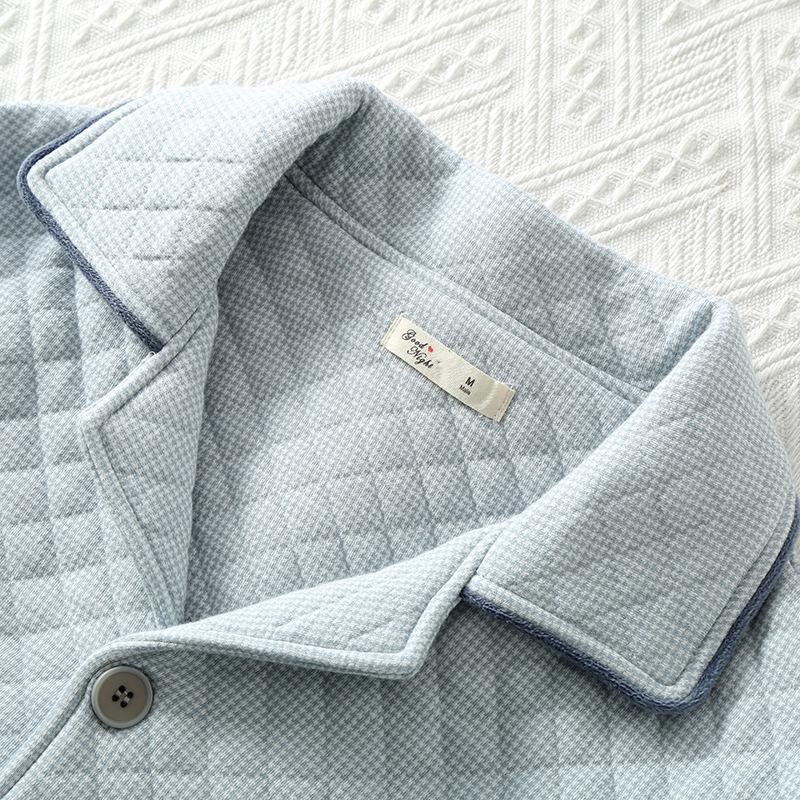 Męska Pikowana Piżama z Haftem - Trójwarstwowa Bawełna Powietrzna, z Długim Rękawem, Ciepła, Odzież Jesienno-Zimowa