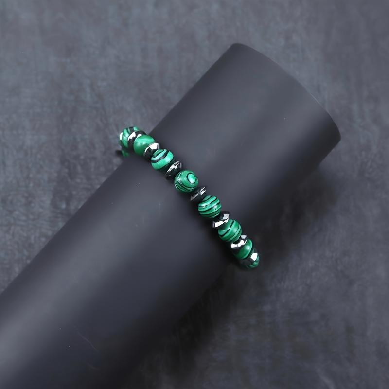 Handmade Adjustable Unisex Natural Malachite & Black Onyx Beaded Bracelet