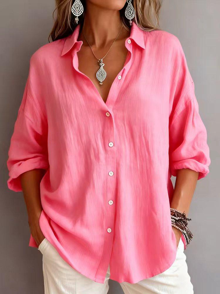 Womens Casual Loose Solid Color Long Sleeve Lapel Button Down Shirt
