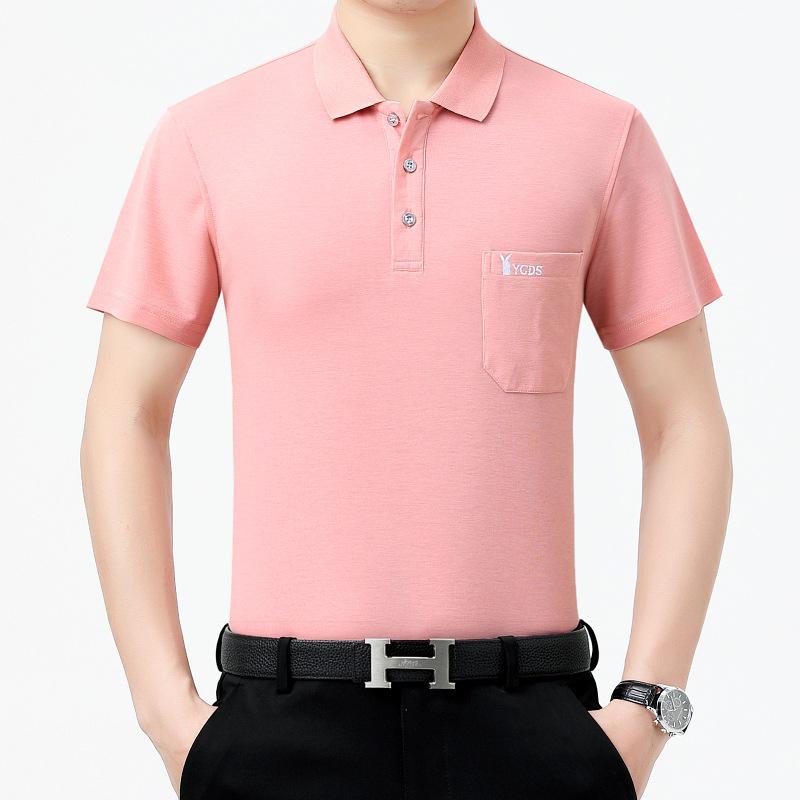 

Футболка мужская из шелка Ice Silk с лацканами и настоящими карманами для людей среднего и пожилого возраста - летняя рубашка с коротким рукавом L 50-60 kg