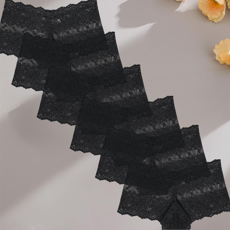 FINETOO 6 Stück/Set Damen Slips Aushöhlen Spitze Mittelhoch Elastisch Durchsichtig Sternspitze Vierkant-Hose Damen Unterhosen