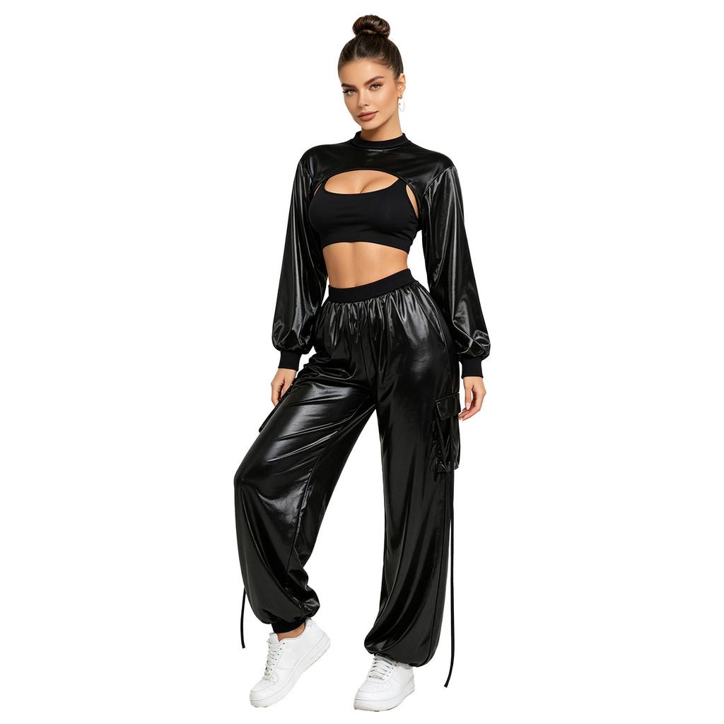 Hip Hop Dance Suit for Women Metallic Shiny Crop Top and Letter Print Cargo Pants for Jazz Disco Stage Bar Outfit