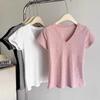 White Bamboo Cotton V-neck Short-sleeved T-shirt Women's Summer New Small Front Shoulder Slim and Thin Versatile Top