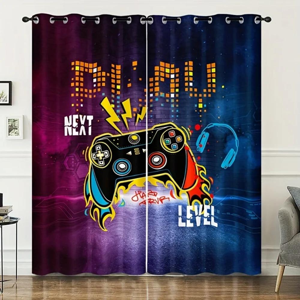Lightning Blue Red Gamepad Patterned Curtain For Bedroom Space Living Room Space Playroom Window Drapes Wall Decors With Free Accessories